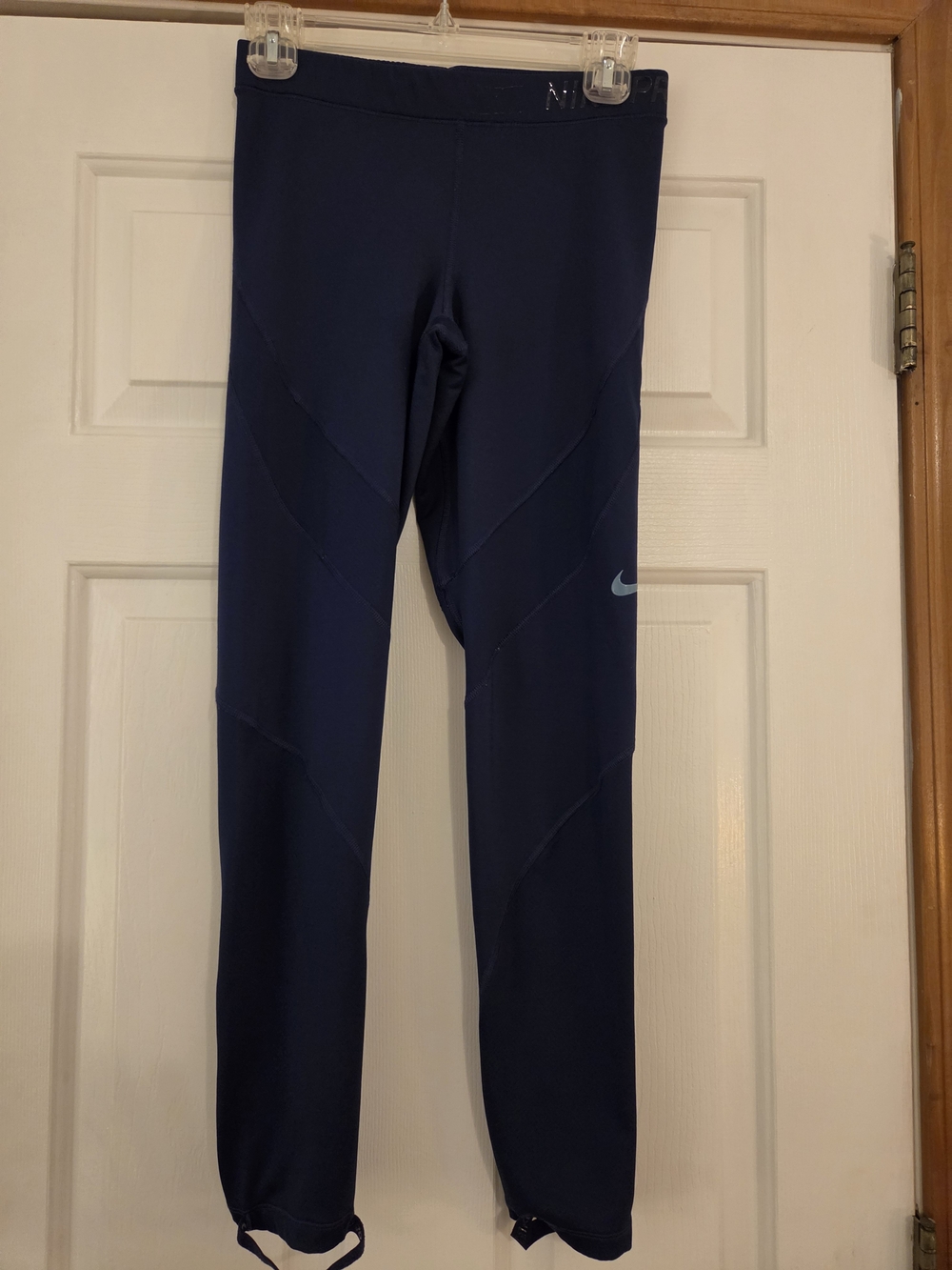 Nike Pro Womens Dark Navy Athletic Compression Leggings with Light Blue Swoosh